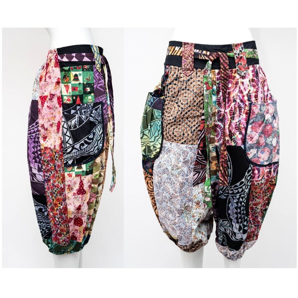 Unisex Vintage Patchwork Abstract Printed Capri Three Quarter Baggy Pants Cotton